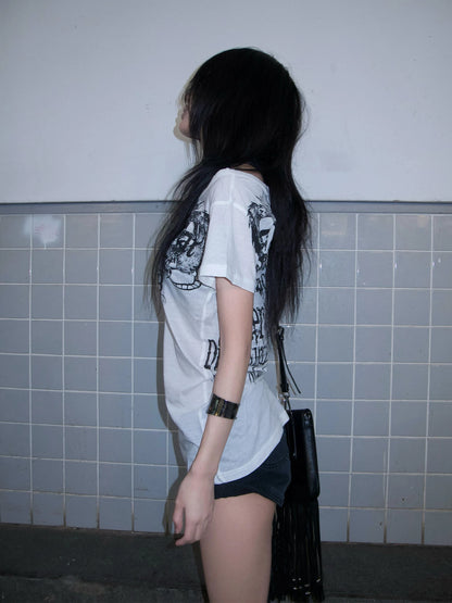 Karrram Japanese Y2k Letter Print T-shirt Trashy 2000s Style Tattoo T Shirt Vintage Harajuku Short Sleeve Sheer Tops Grunge Goth