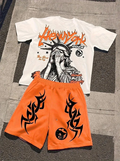 Hot selling new men's Statue of Liberty printed round neck breathable T-shirt and shorts outdoor comfortable two-piece set