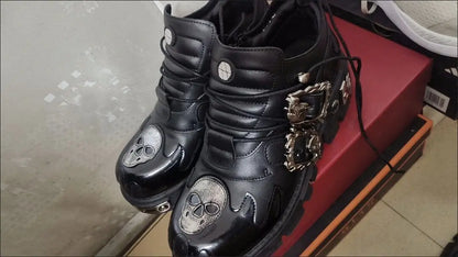 Cowhide Rock Flame Trend Carving Dark Punk Small Leather Skull Design Low-top Gothic Thick-soled Single Shoes