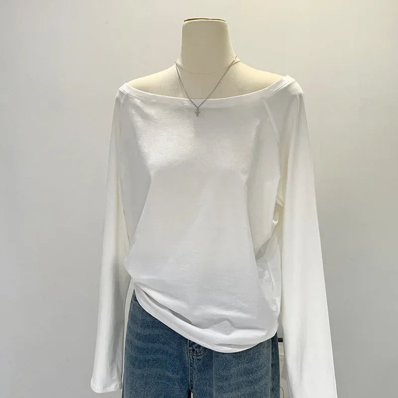 One Shoulder Cotton Slant Shoulder Long Sleeve Women's Clothing Style Interior Wide Truffle Shoulder Base Autumn Winter Shirt