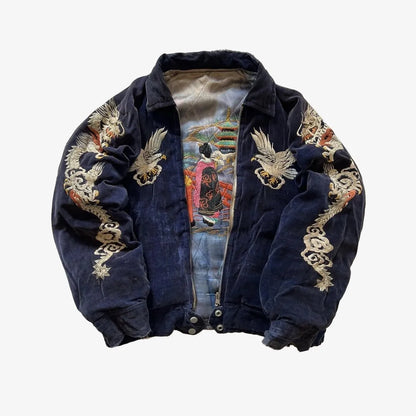 Y2K Vintage Harajuku Embroidery Sukajan Jacket Women Men Retro Dragon Eagle Bomber Coat Streetwear Oversized Souvenir Jackets