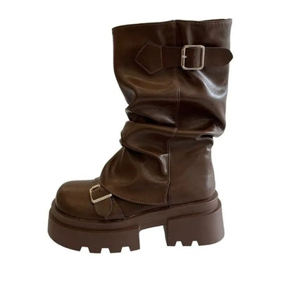 New Design Women Biker Boots Platform Belt Buckle Women's Knee High Booties Harajuku Gladiator Y2K Punk Mid Pipe Booties Girls