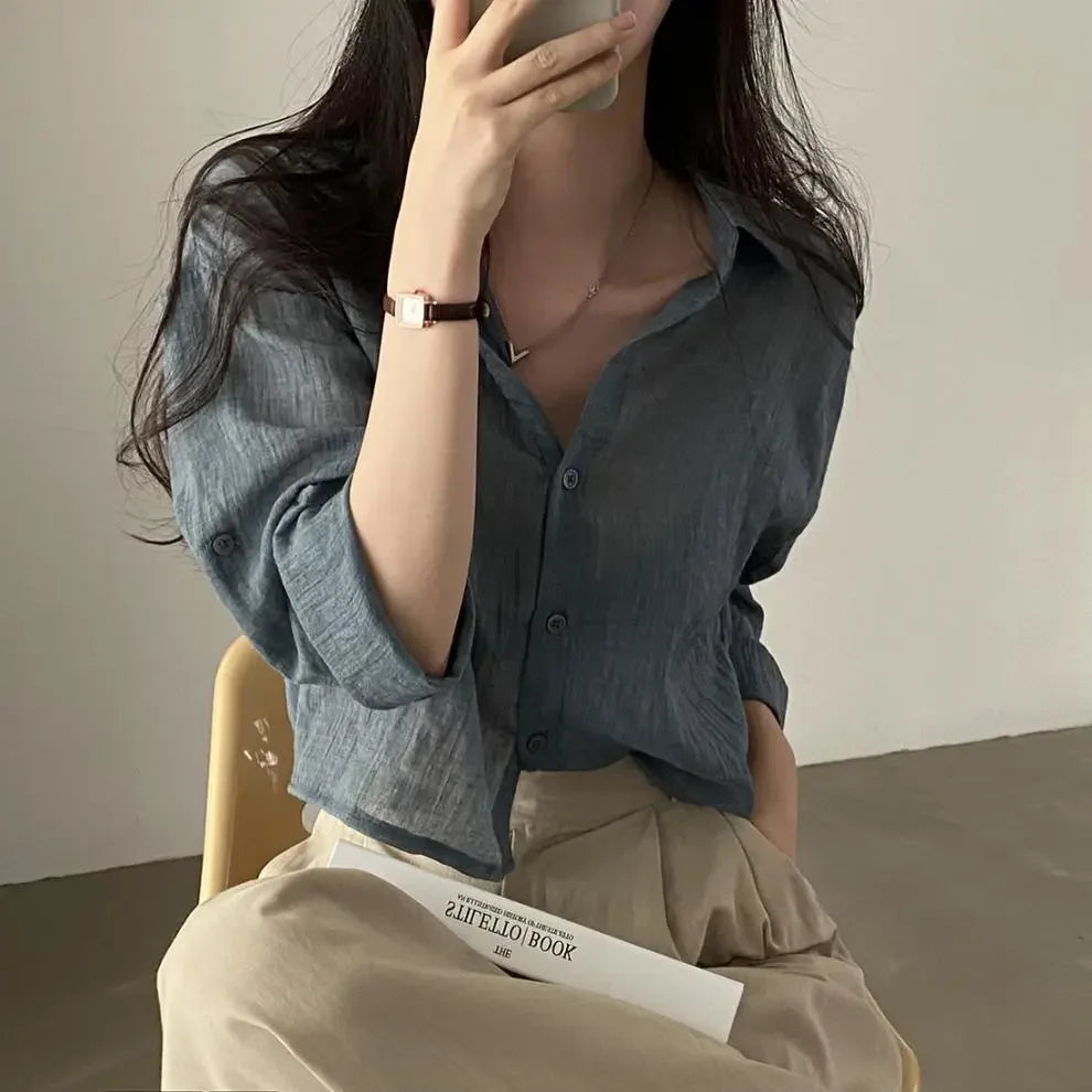 Trendy Shirt Blouse Simple Thin Pure Color Anti-UV Shirt Anti-fade Shirt Top Women Solid Color Sun Protection Shirt Streetwear