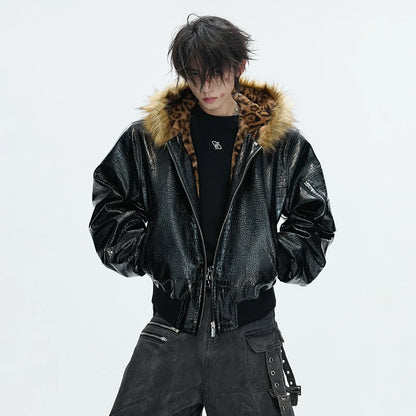 LUZHEN 2025 Winter New Original Reversible Wear Leopard Print Fur Hooded Padded Coat Men's Fashion Street Leather Parkas JY5630