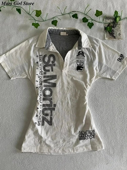 Y2K Japanese Streetwear Polo Shirt Women Slim Crop Tee 2025 White Short Sleeve Tops Letter Badge Houndstooth Vintage Harajuku