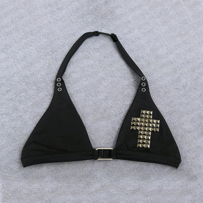 Gothic style willow leaf pattern nail decoration summer women's clothing new sexy bikini top swimsuit slim fit retro 2000s Y2K