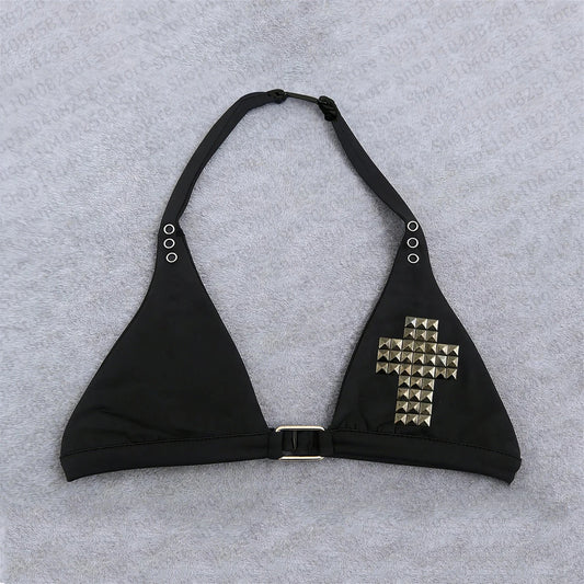 Gothic style willow leaf pattern nail decoration summer women's clothing new sexy bikini top swimsuit slim fit retro 2000s Y2K