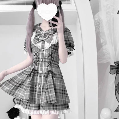 Japanese Style Lolita Sweet Dress Set 2026 New Vintage Plaid Cute Bow Short Sleeved Tops Jk Casual Y2k Shorts Girls Kawaii Set