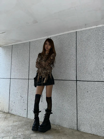 karrram Japanese Y2k Leopard Print Shirt Vintage Harajuku Ruffled Blouses Grunge Aesthetics V-neck Irregular Shirt Trashy 90s