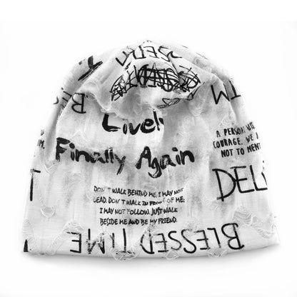 Letter Print Beanie Hats For Women Men Vintage Distressed Cracked Design Wasteland Style Spring Summer Warm Fleece-lined Winter