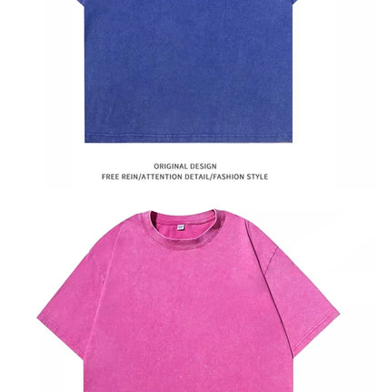 American Style Retro Heavyweight Solid Color Short Sleeved T-shirt Men Women Summer Street Trendy Washed Old Oversized Clothes