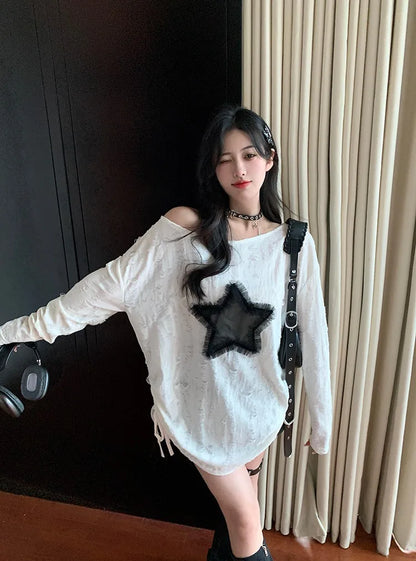 Hole Star Loose Y2K T Shirt Women O Neck Drawstring Long Sleeve Tees Fashion Streetwear Kpop Pullover Tops Female T-shirts