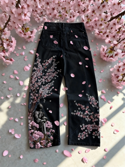 Y2k Vintage Baggy Fallen Knight Cherry Blossom Embroidery Jeans Men Women Fashion Straight Wide-leg Denim Pants Streetwear Jean