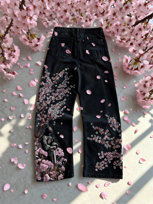 Y2k Vintage Baggy Fallen Knight Cherry Blossom Embroidery Jeans Men Women Fashion Straight Wide-leg Denim Pants Streetwear Jean