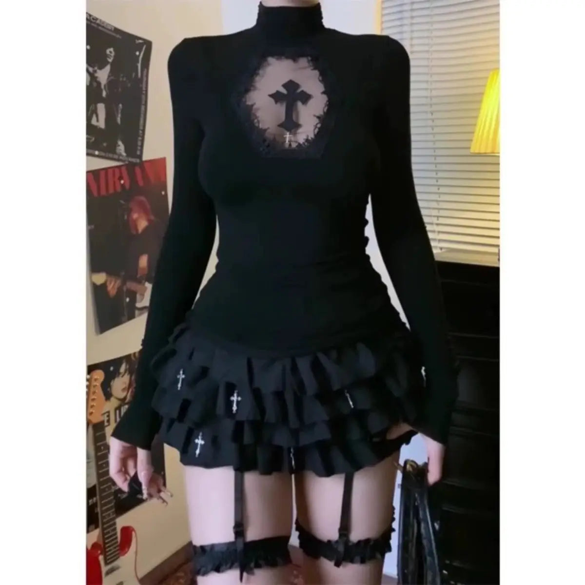 Turtleneck Top Y2k Clothes Black Gothic Cross Hollow out Slimming Bottoming shirt for Women Long Sleeve Sexy T-shirt Girls Tops