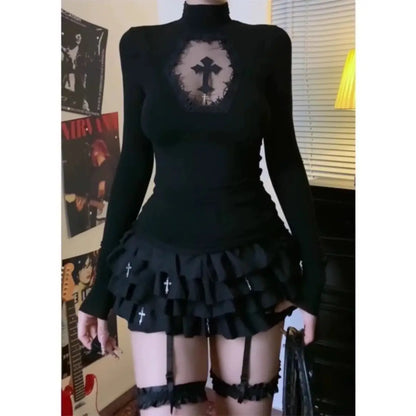 Turtleneck Top Y2k Clothes Black Gothic Cross Hollow out Slimming Bottoming shirt for Women Long Sleeve Sexy T-shirt Girls Tops