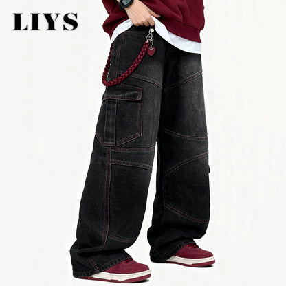 Men's American Street Retro Deconstruction Loose Wide Leg Jeans Unisex Baggy Men's Clothes Multi Pocket Skateboard Pants Jeans