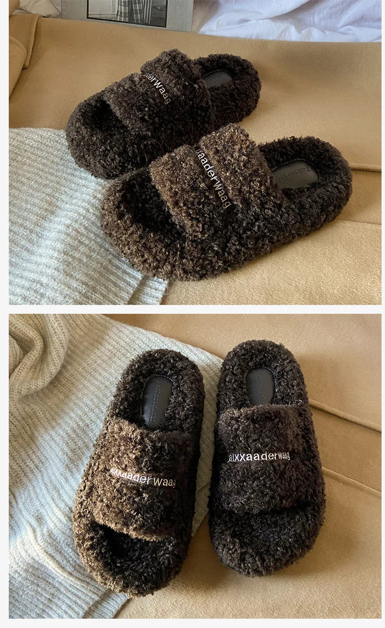 Thick Soled Plush Slippers for Autumn and Winter Versatile and Cute Fashionable and Small Waist Cotton Slippers for Home Use