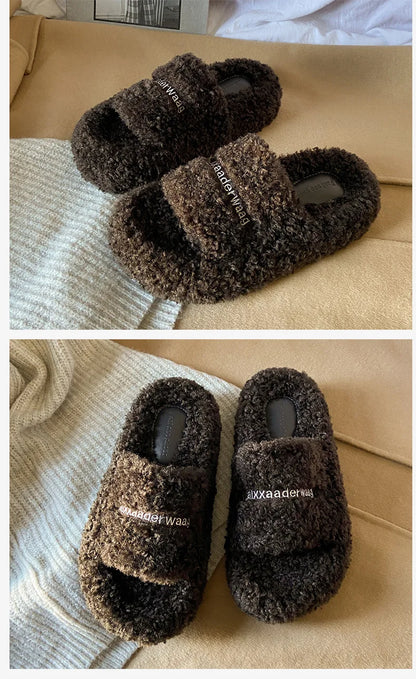 Thick Soled Plush Slippers for Autumn and Winter Versatile and Cute Fashionable and Small Waist Cotton Slippers for Home Use