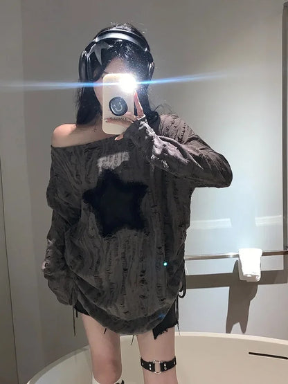 Hole Star Loose Y2K T Shirt Women O Neck Drawstring Long Sleeve Tees Fashion Streetwear Kpop Pullover Tops Female T-shirts