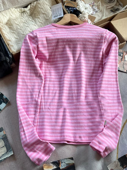 Pink Striped Slim Long Sleeve Tees Women Spring Casual Cotton O-neck Tshirt New Tops Clothes Sweet Cute  Vintage T-shirts Y2K