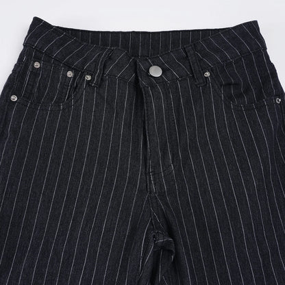 2000s Clothes Y2k Low Rise Boot Cut Jeans Woman Casual Black Striped Denim Trousers Streetwear Flare Pants P77-DD25