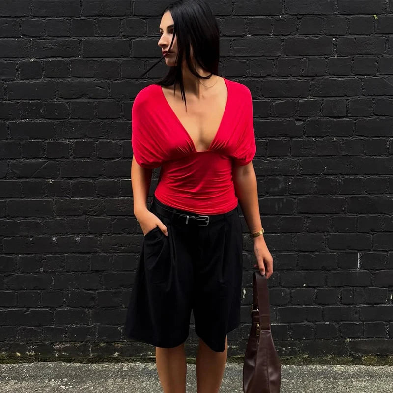 Sexy V neck Tanks Top Women Backless Lace Up Ruched Crop Top Vest Tee Y2K Slim Club Party Top Hot Girl 2026 Summer New Tops