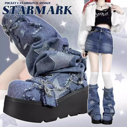 2024 New Y2K Star Print Chunky Platform Ankle Boots Women Metal Chain Blue Denim Boots Woman Cute Thick Bottom Jk Lolita Shoes