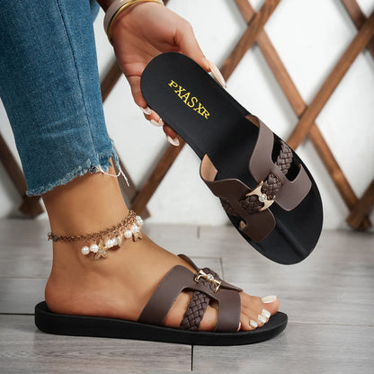 Braided Strap Women's Flat Sandals, Gold Embellished Buckle with Rhinestones, Simple and Comfortable Design, Easy to Wear for Daily Outings and Shopping