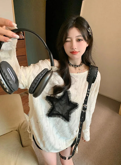 Hole Star Loose Y2K T Shirt Women O Neck Drawstring Long Sleeve Tees Fashion Streetwear Kpop Pullover Tops Female T-shirts