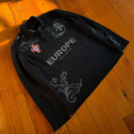 Retro Long Sleeve Polo Shirt Y2k Casual Loose Letter Pattern Embroidery T Shirts Street Sweatshirt Men Cotton Jersey Lapel Golf