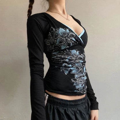 American retro contrasting color V-neck printed spicy girl slim fit T-shirt autumn Y2K Harajuku style punk sexy backless top