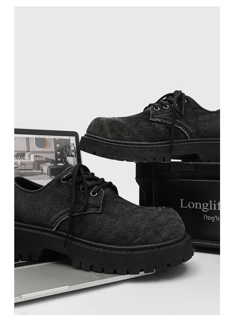 Men's Distressed Denim Derby Shoes Chunky Grunge Platform Boots Avant-Garde Bulky Toe Niche Streetwear Footwear for Trendy Youth