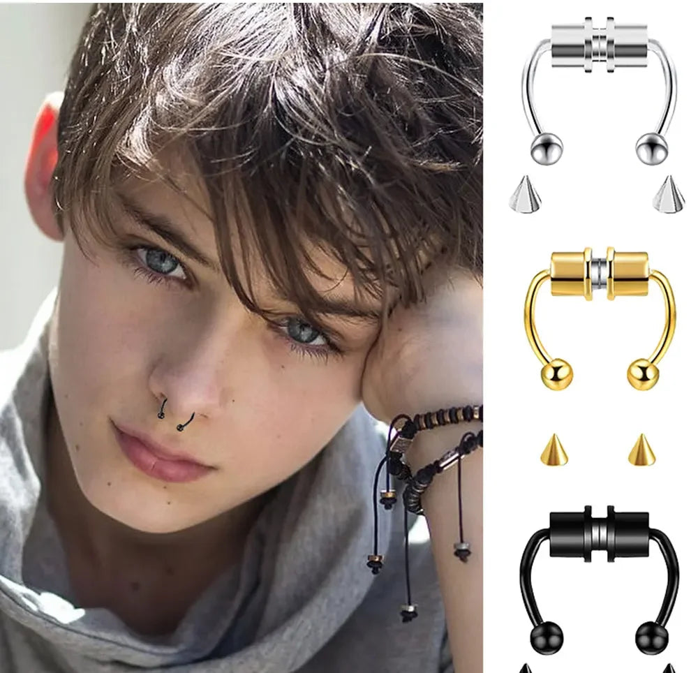 Fake Piercing Nose Ring Hoop Septum Non Piercing Nose Clip Rock HipHoop Stainless Steel Magnet Fashion Punk Body Women Jewelry