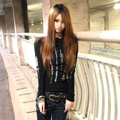 Karrcat Grunge Aesthetics Tattoo Print Knitted Tops Trashy Y2k Long Sleeve Knit T-shirt Vintage Gothic Button Top American Retro