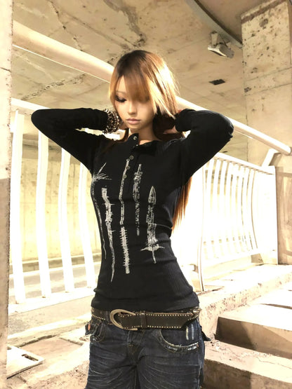 Karrcat Grunge Aesthetics Tattoo Print Knitted Tops Trashy Y2k Long Sleeve Knit T-shirt Vintage Gothic Button Top American Retro