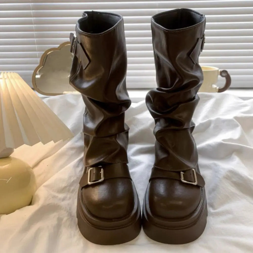 New Design Women Biker Boots Platform Belt Buckle Women's Knee High Booties Harajuku Gladiator Y2K Punk Mid Pipe Booties Girls