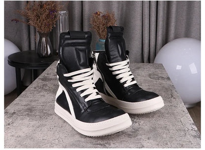Fashion Men's Casual Shoes Inverted Triangle Design Leather Shoes for Women Black Solid Women's Sneakers Lace-up Men's Shoes
