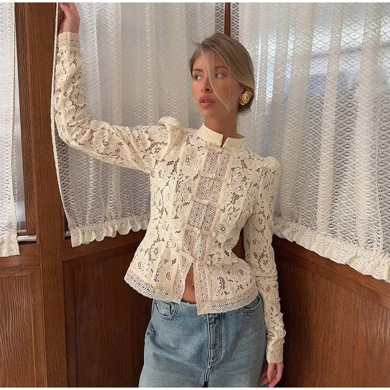 White Lace Printed Shirts Tops Women Full Sleeve Hollow Out Single Breasted Patchwork Blouse 2026 Lady Fashion Shrug Shirts New
