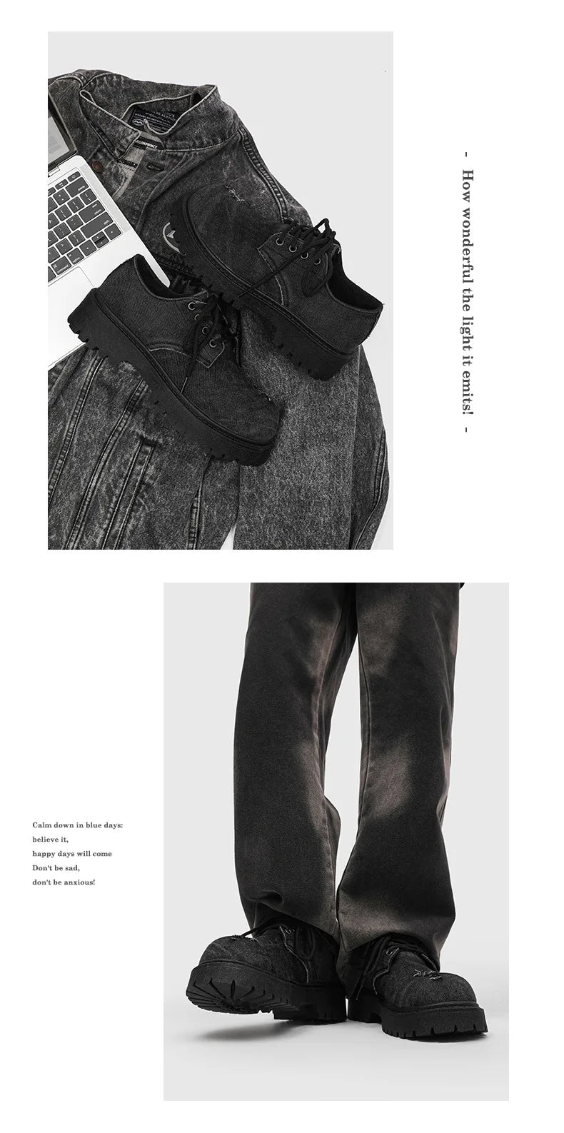 Men's Distressed Denim Derby Shoes Chunky Grunge Platform Boots Avant-Garde Bulky Toe Niche Streetwear Footwear for Trendy Youth
