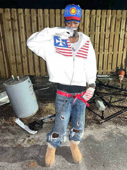 Autumn new national flag minimalist design color collision pattern men hooded sweatshirt Harajuku Y2k loose zipper sweatshirt