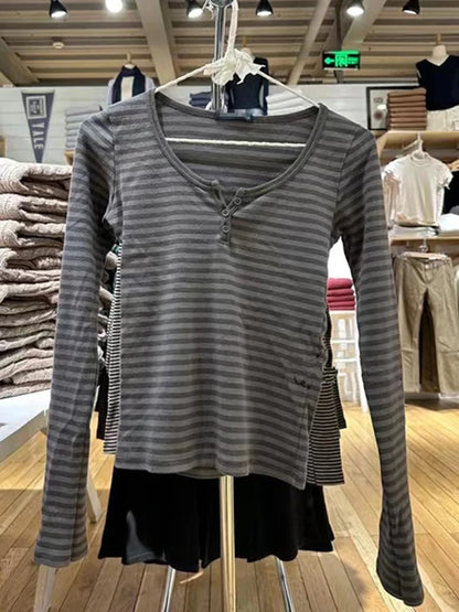 Pink Striped Slim Long Sleeve Tees Women Spring Casual Cotton O-neck Tshirt New Tops Clothes Sweet Cute  Vintage T-shirts Y2K