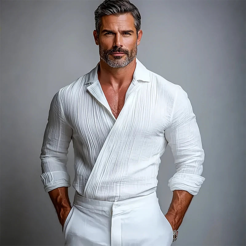 LVLAEA Pleated Textured Shirt Men Autumn Solid Color Long Sleeve Lapel Old Money Style Criss-cross Design Breathable Tated Shirt