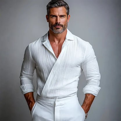 LVLAEA Pleated Textured Shirt Men Autumn Solid Color Long Sleeve Lapel Old Money Style Criss-cross Design Breathable Tated Shirt