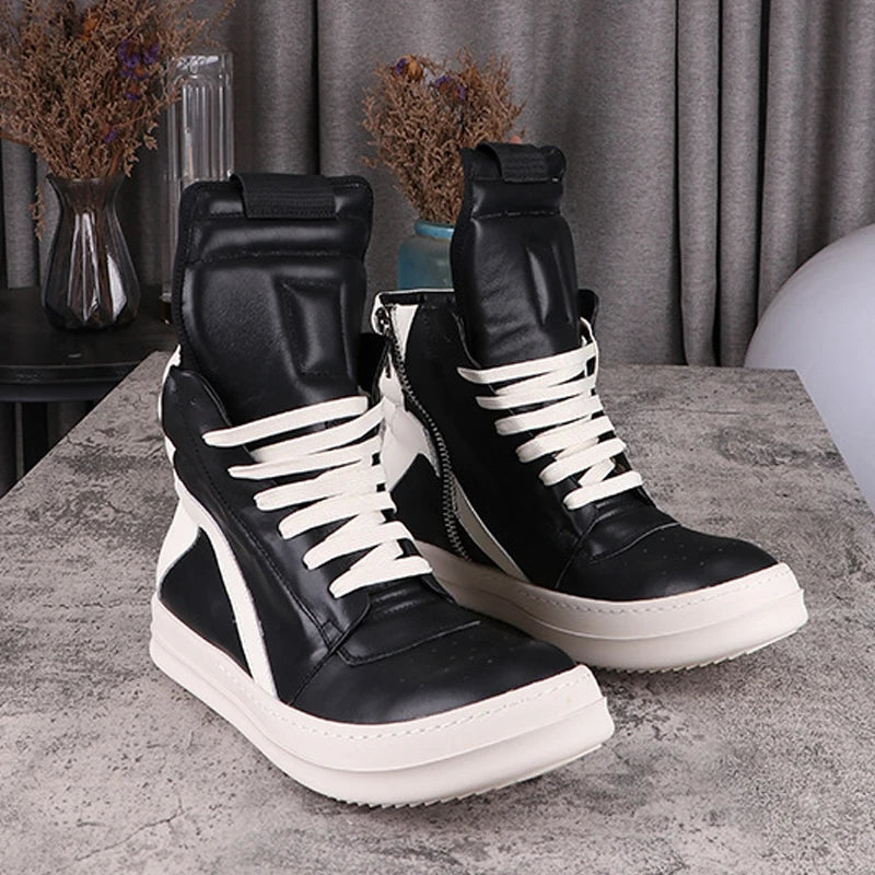 Fashion Men's Casual Shoes Inverted Triangle Design Leather Shoes for Women Black Solid Women's Sneakers Lace-up Men's Shoes