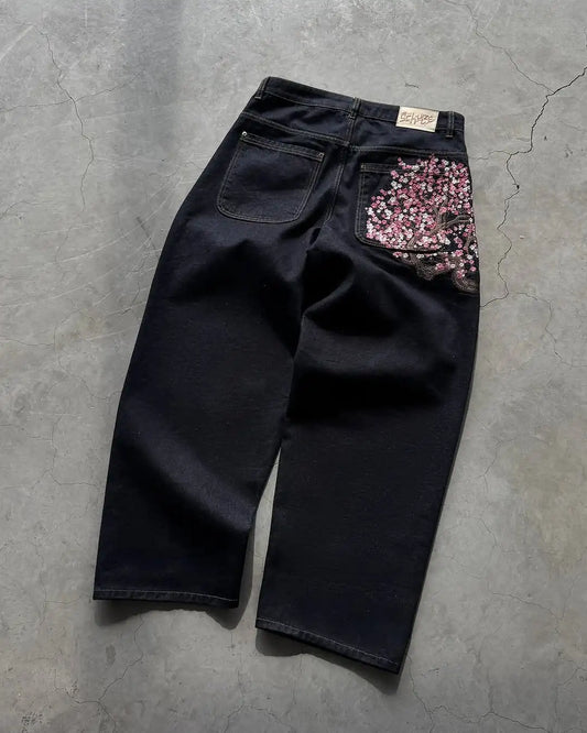 Mens Jeans Sakura Embroidery Slim Straight Light Wash Stretch Cotton Casual Streetwear Daily Wear Multiple Sizes Pants Skinny