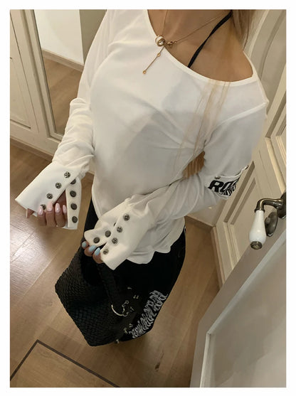 Tonngirls American Retro Print T-shirt Women Long Sleece Button Graphic Tops Y2k Tops 2000s Japanese Grunge Tops E-girls Autumn