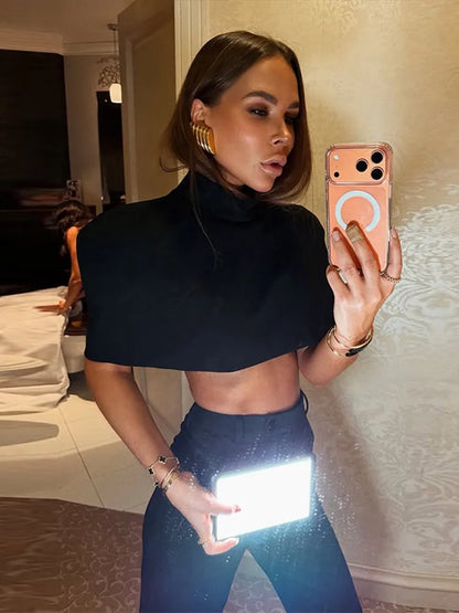 Elegant Cropped Shawl Tops Women's Short Sleeves Stand Collar Coat With Shoulder Pad 2026 New Ladies Spring Summer Solid Outwear