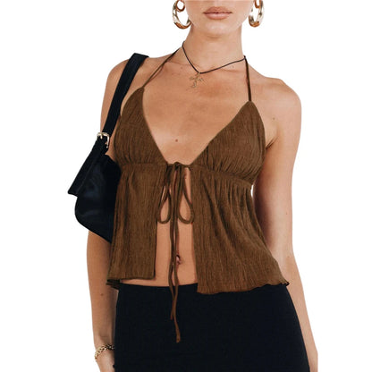 Sexy Summer Cami Top Bowknot Lace-Up Sleeveless Cropped Vest Elegant Youth Clothes Women Fashion Off Shoulder 2024 New