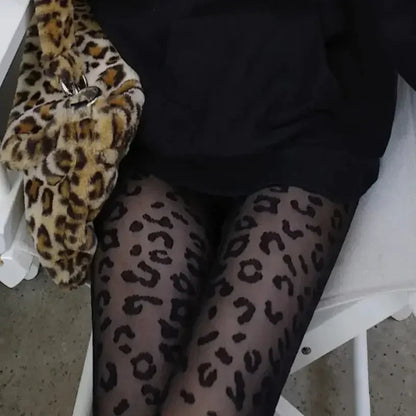 Women Sexy Thin Transparent Silky Pantyhose Gothic Black Sexy Vintage Leopard Animal Pattern Sheer Tights Seamless Stockings